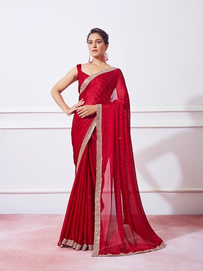 61Nk5bL9GRL._SY879_ Women's Satin Chiffon All Over Fix Diamond With Lace Work Saree With Matching Unstitched Blouse Piece - Image 1