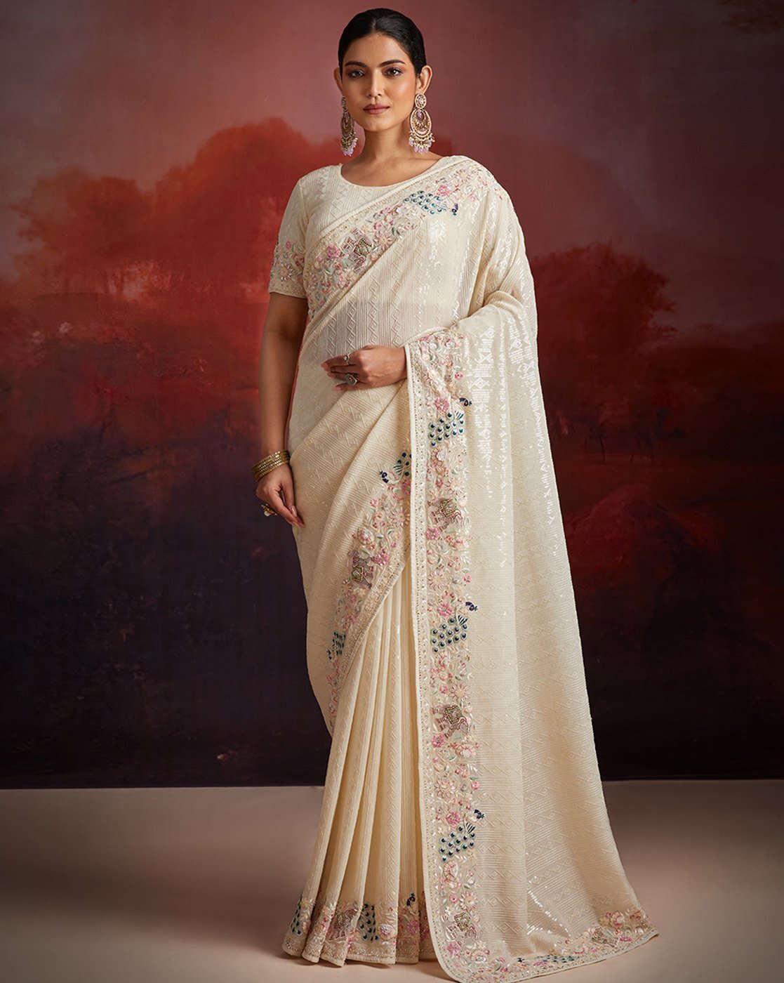 -1117Wx1400H-701048956-white-MODEL Women Embroidered Saree with Contrast Border - Image 1